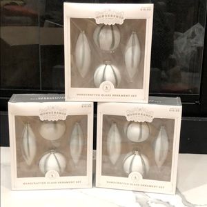 SET OF 3 Gray Stripe Handcrafted Glass Ornaments